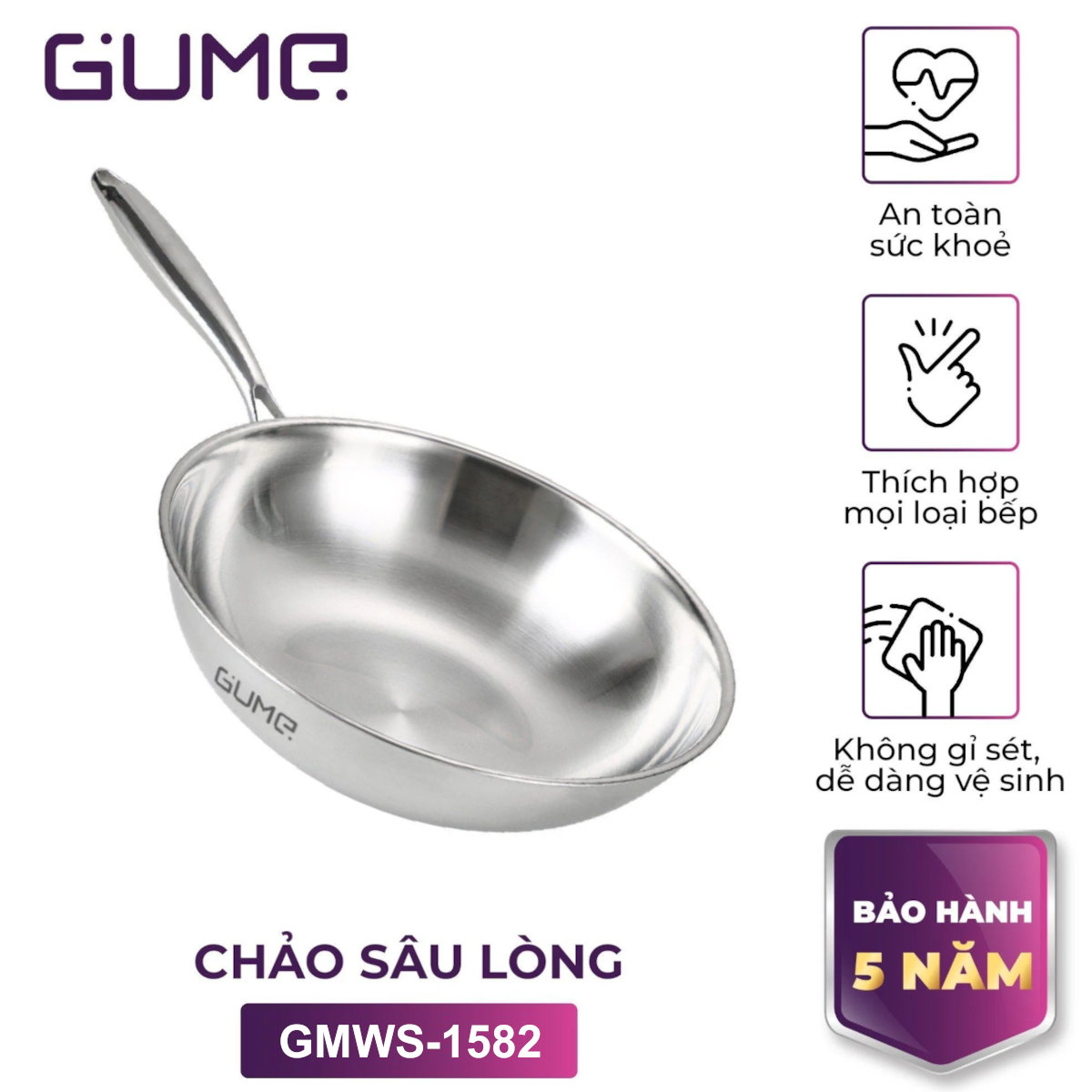 Chảo sâu lòng Inox 304 đúc liền khối 5 lớp GUME Hàn Quốc 28cm