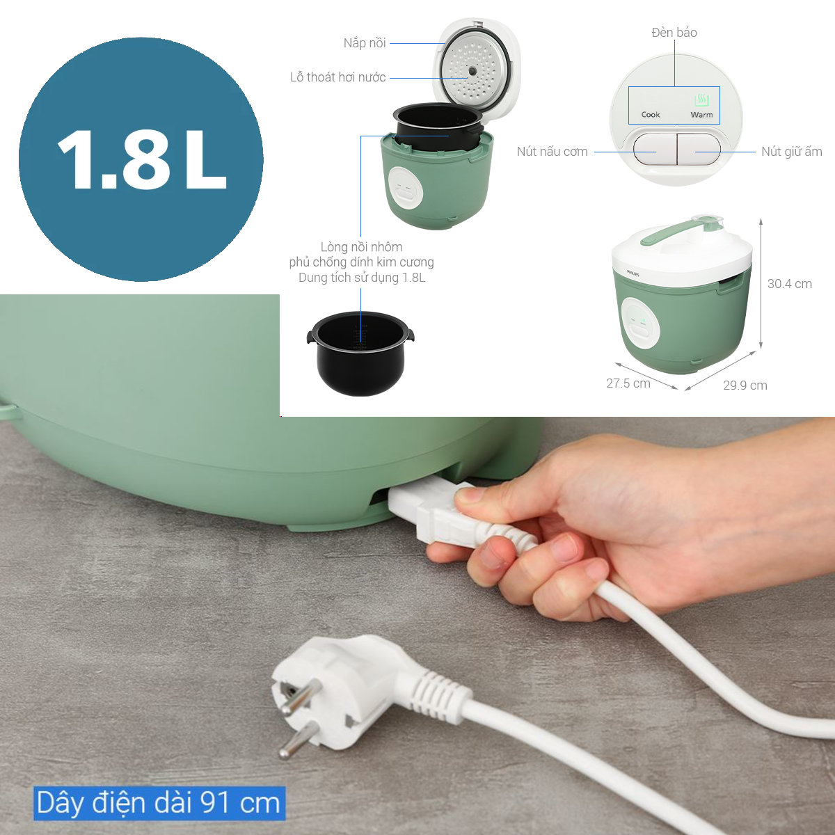 Nồi cơm điện 3D nắp gài Philips 1.8 lít HD3212/32