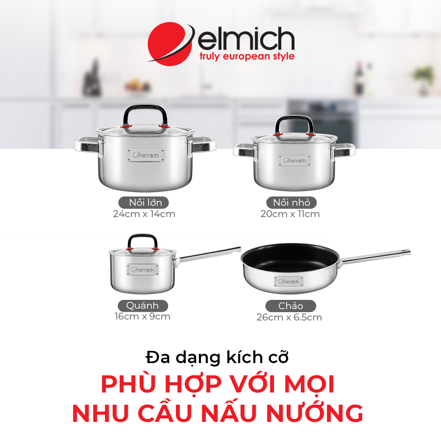 Bộ Nồi Chảo 3 Lớp Liền Đáy Elmich Diamond EL3329