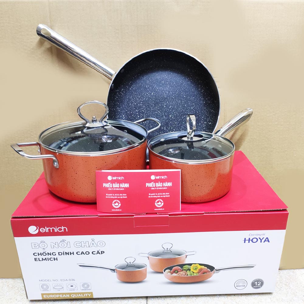 Bộ nồi, quánh, chảo nhôm vân đá chống dính cao cấp Elmich EDA-036