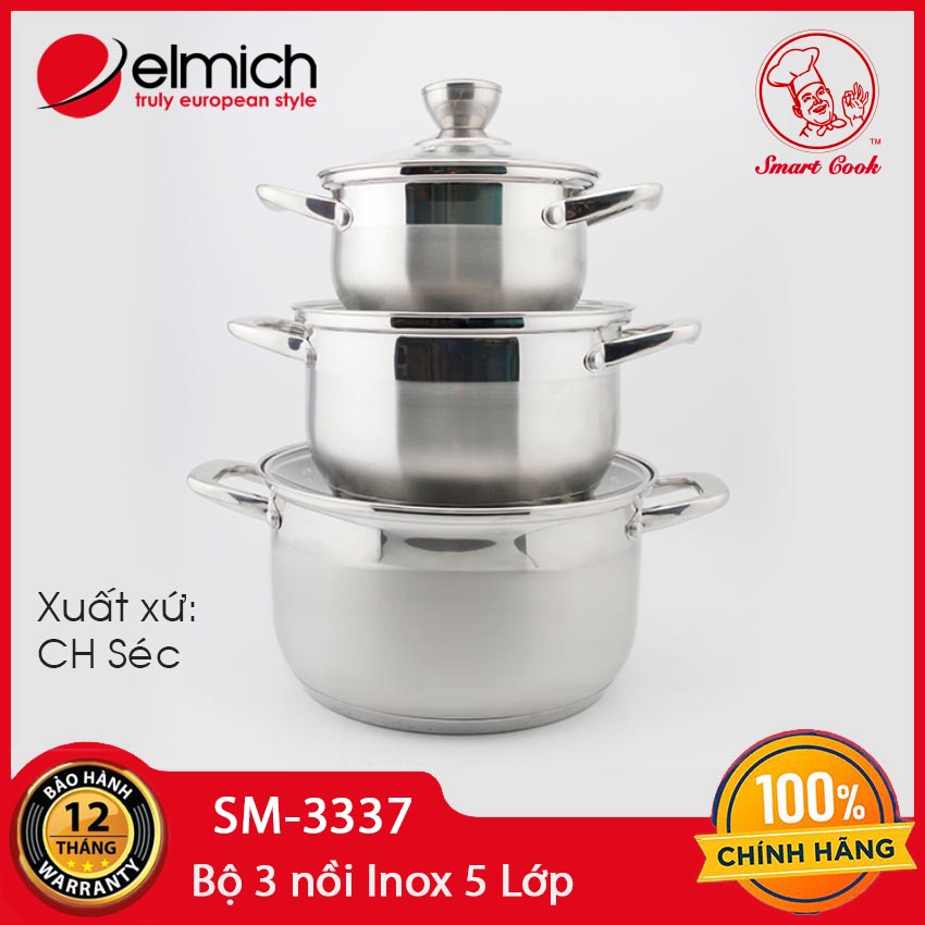 Bộ 3 nồi Inox 5 lớp Elmich EL-3337 size 16,20,24cm dùng bếp từ