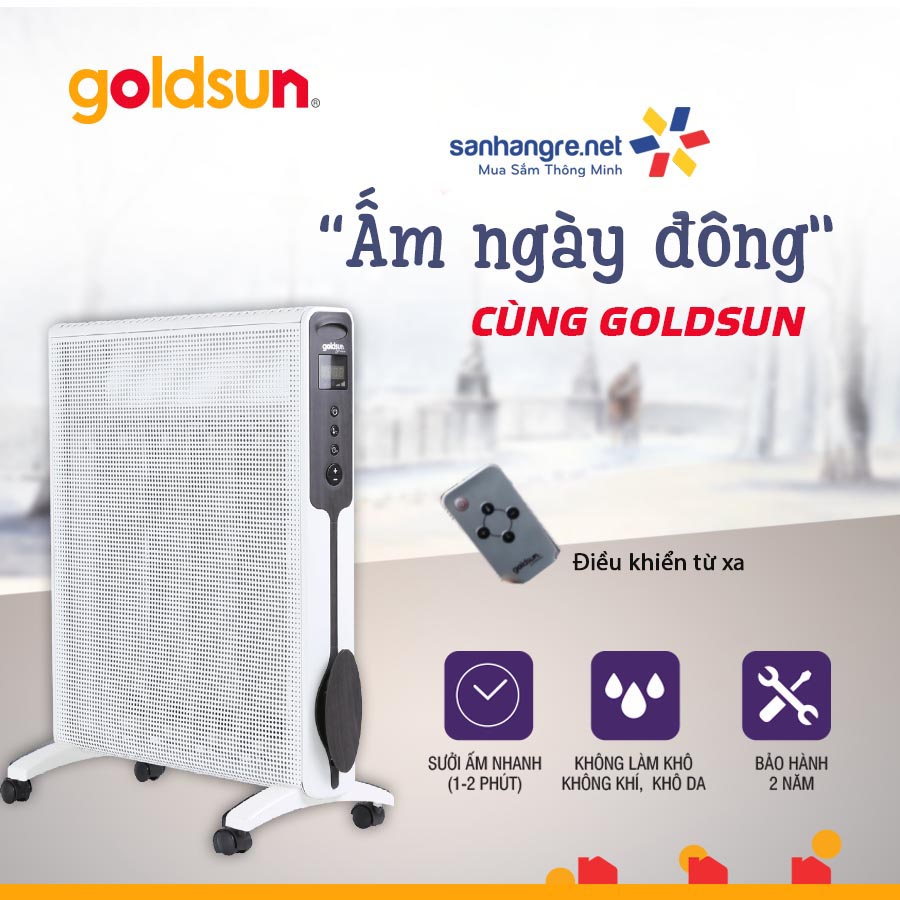 Máy sưởi điện tử màn hình LED Mica Goldsun Premium GPMH04E 2200W điều khiển từ xa