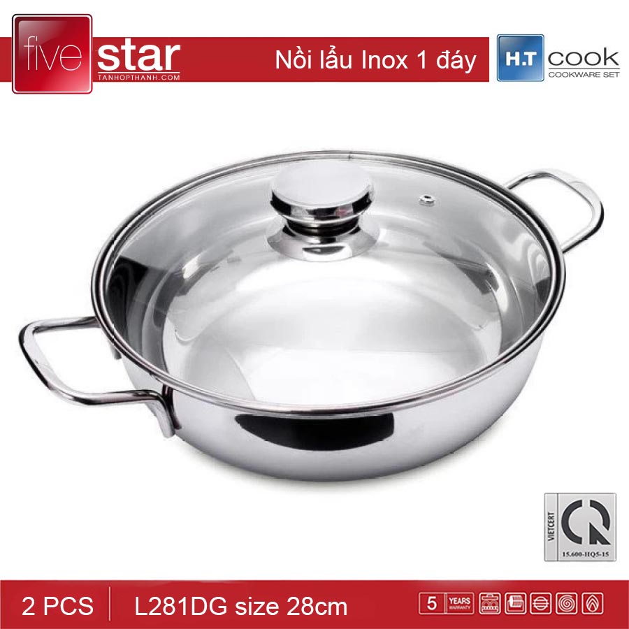 Nồi lẩu Inox cao cấp 1 đáy nắp kính FiveStar HT Cook 28cm