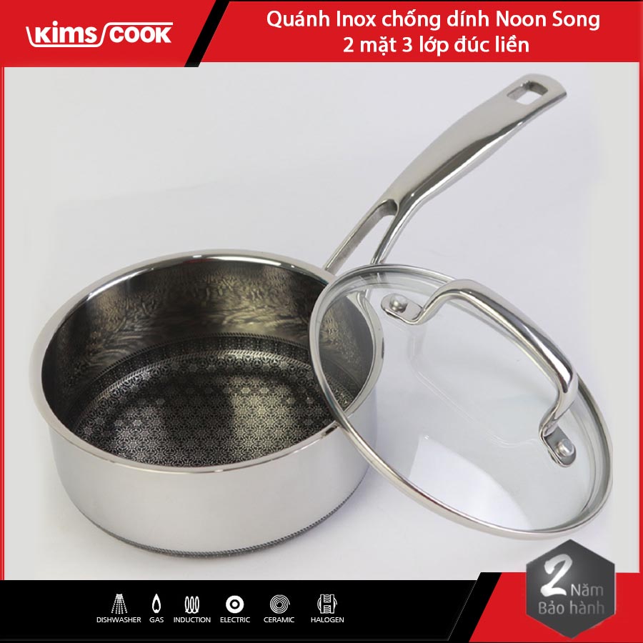 Quánh chống dính Inox 304 Kims Cook Noon Song 2 mặt 3 lớp đúc liền đáy từ nắp kính