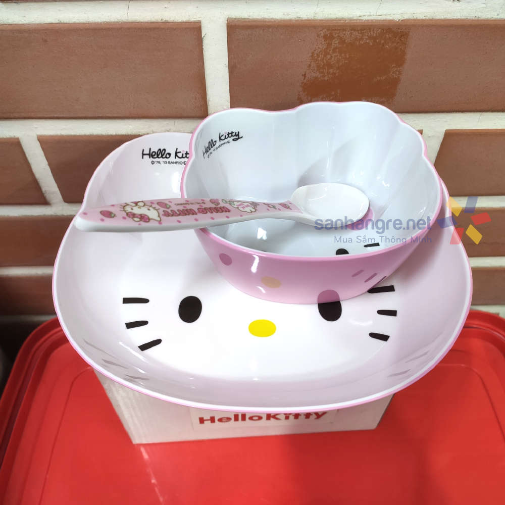 Bộ bát đĩa thìa nhựa Melamin giả sứ hình mèo Hello Kitty
