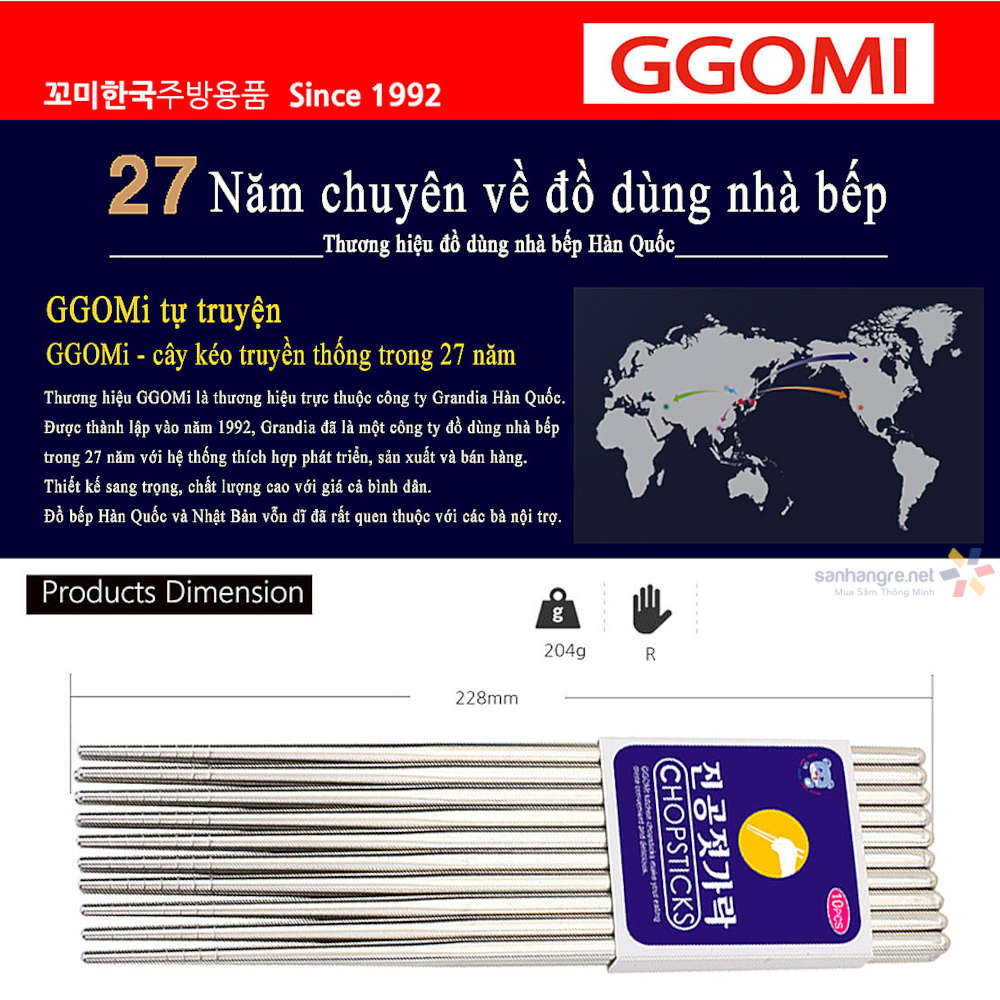 Bộ 10 đôi đũa inox dài 23cm GGOMi Hàn Quốc GG624