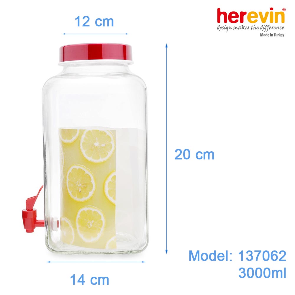 Hũ thủy tinh vuông có vòi Herevin 3 lít