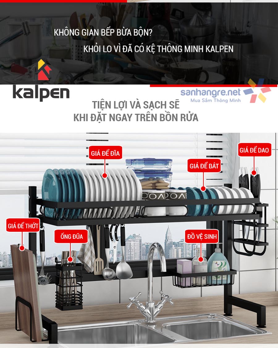 Kệ bát đĩa trên bồn rửa thông minh Kalpen 1 tầng