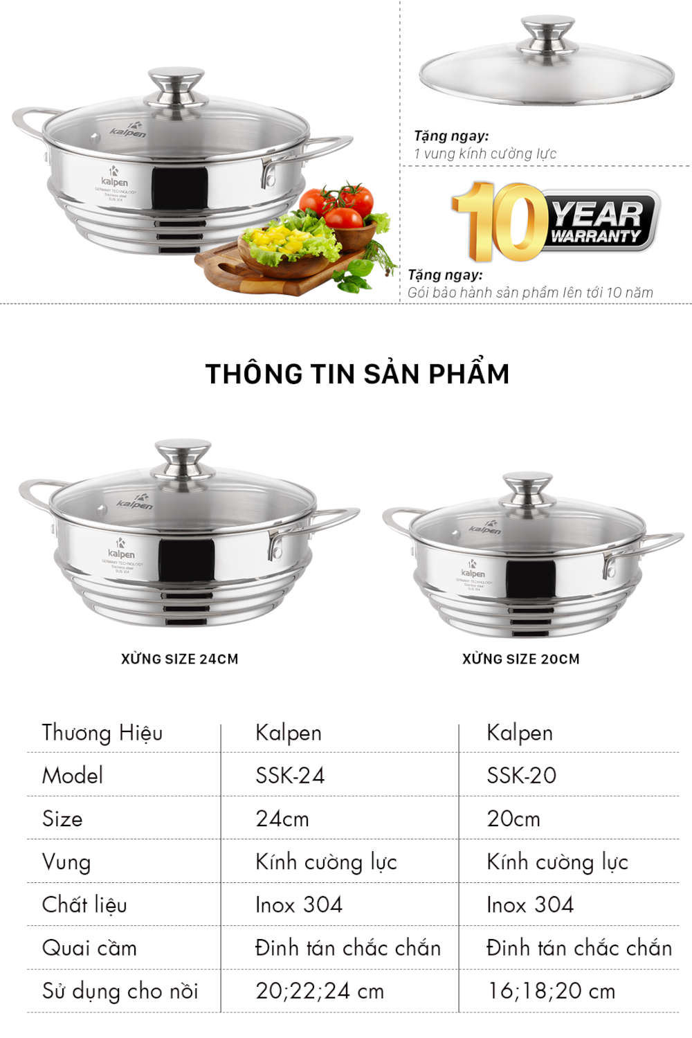 Xửng hấp Inox 304 thông minh 3 nấc Kalpen SSK-20 kèm vung kính