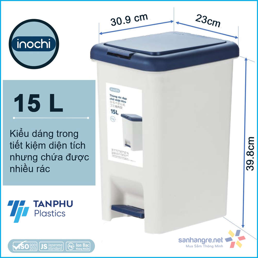 Thùng rác đạp chân chữ nhật Inochi Hiro 15L xuất Nhật