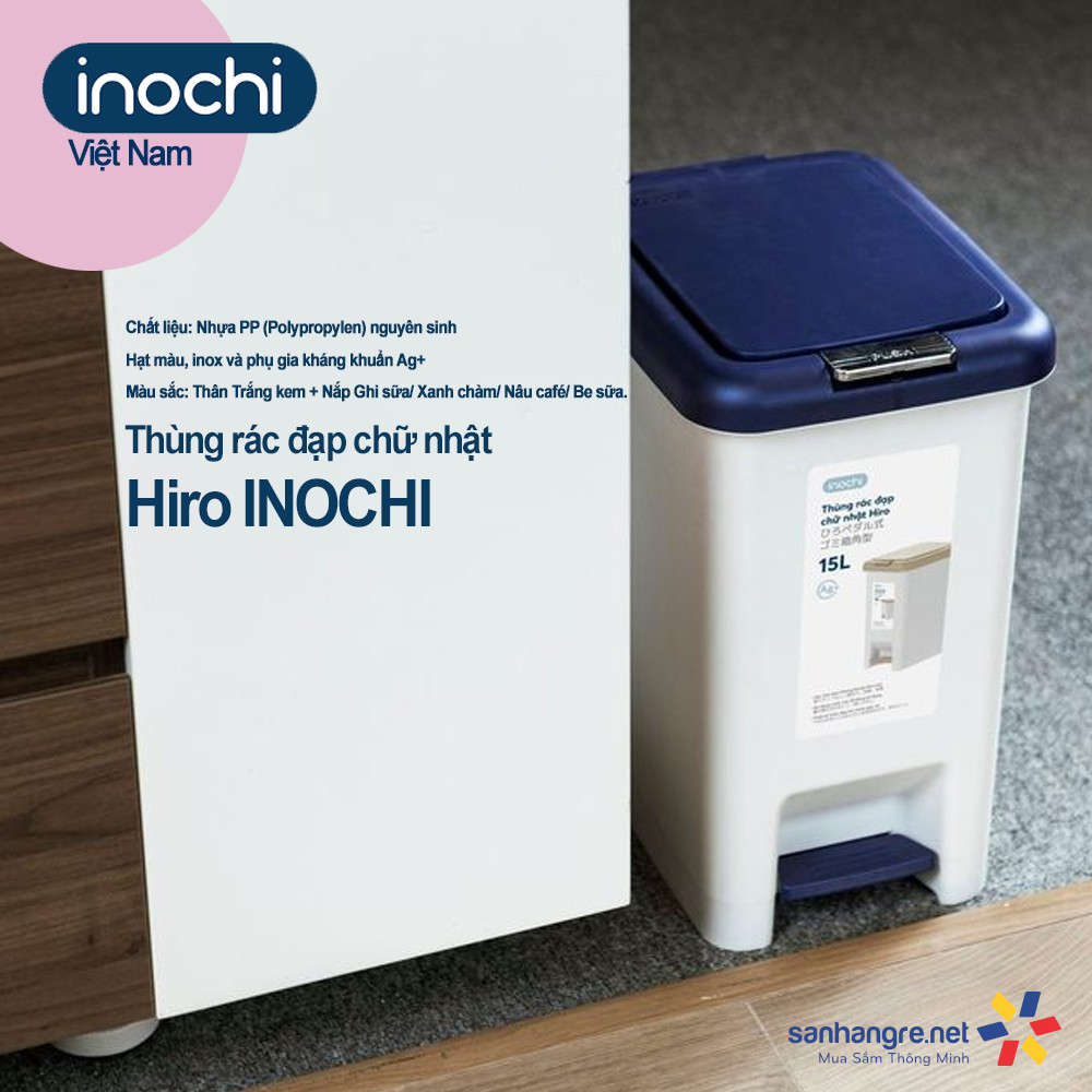 Thùng rác nhựa đạp chữ nhật Inochi Hiro 20L hàng xuất Nhật
