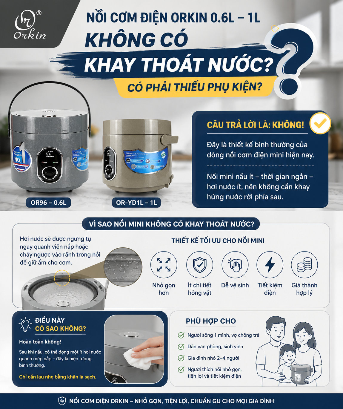 Vì sao Nồi cơm điện mini Orkin không có khay thoát nước ? 