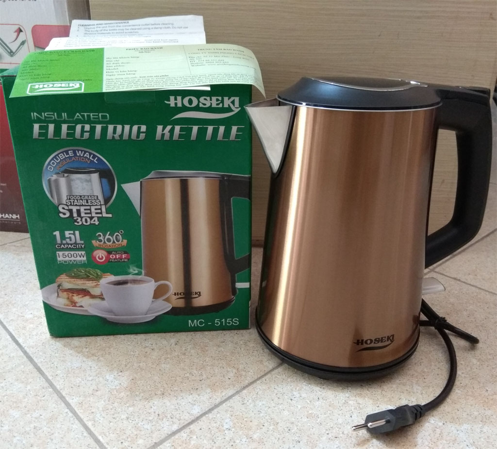 Ấm điện siêu tốc Inox 304 Hoseki 1.5L 1500W vàng đồng