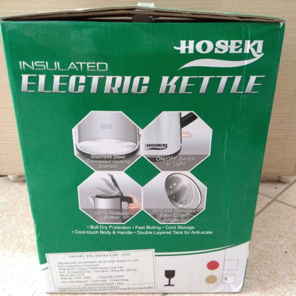 Ấm điện siêu tốc Inox 304 Hoseki 1.5L 1500W vàng đồng