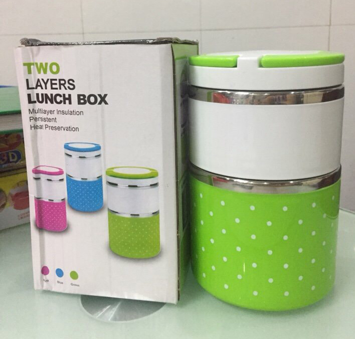 Cặp lồng cơm giữ nhiệt 2 tầng Lunch Box 930ml có quai xách xanh lá