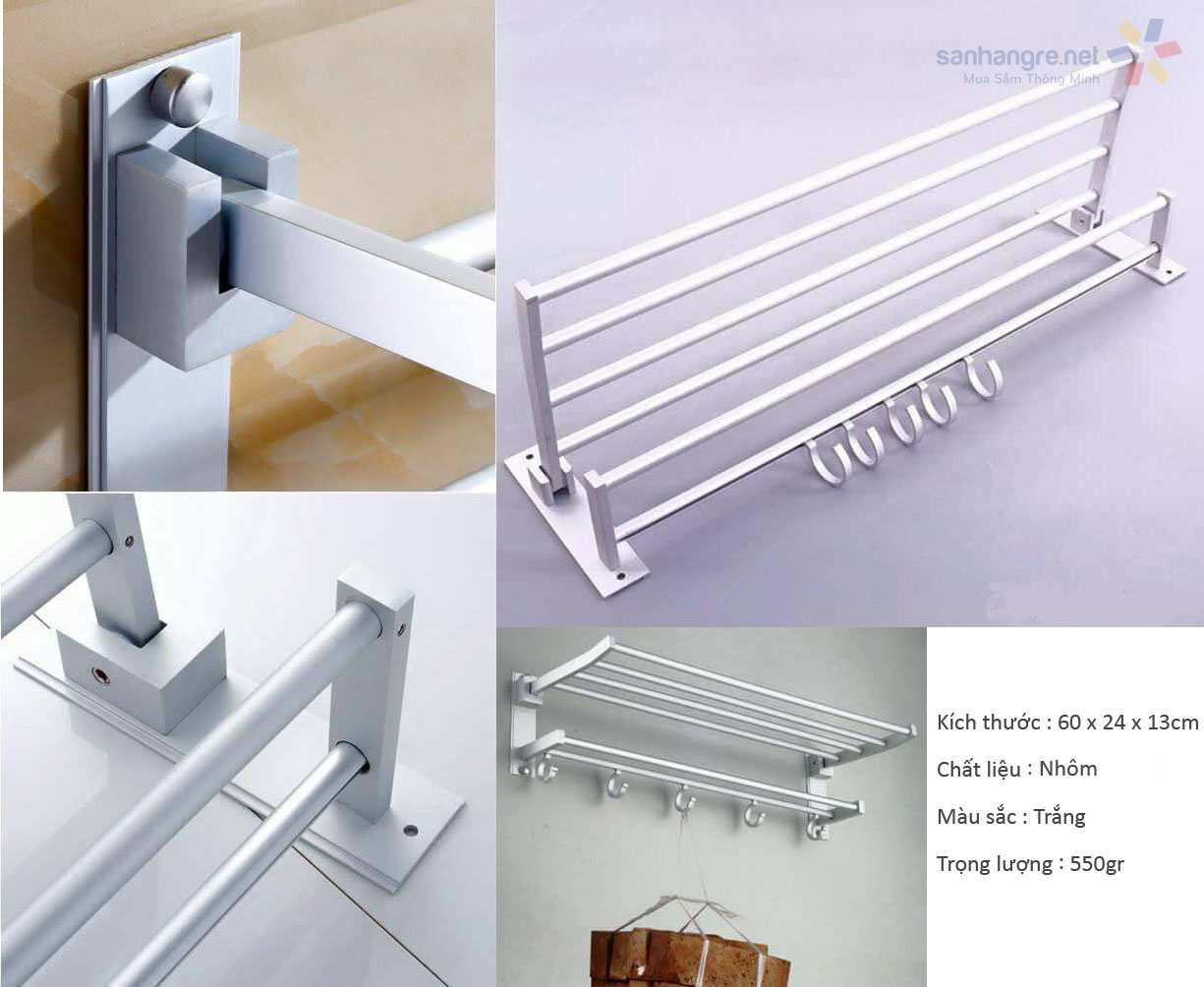 Giàn treo khăn 2 tầng 5 móc nhà tắm HQ