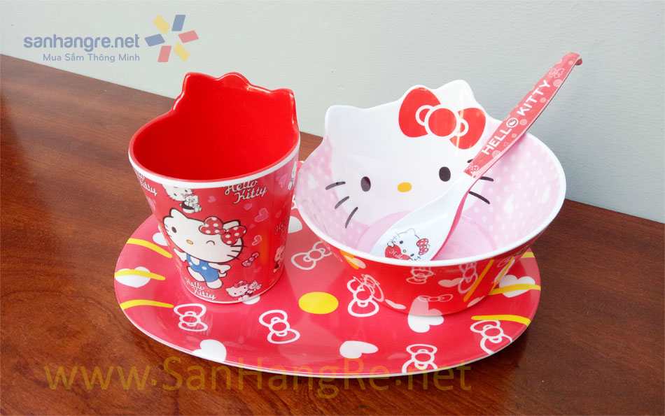 Bộ đồ dùng ăn hình Hello Kitty đỏ cho bé hàng xuất Nhật