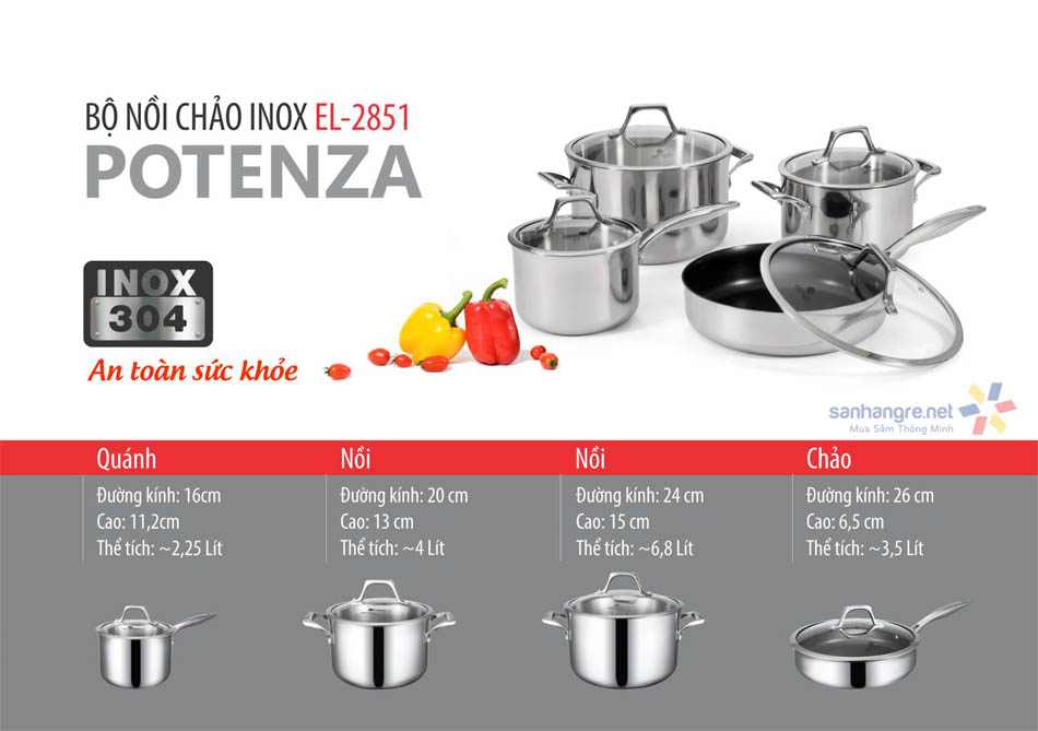 Bộ nồi chảo Inox 304 cao cấp Elmich Potenza EL2851