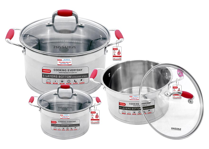 Bộ 3 nồi Inox cao cấp 304 Hasuka nắp kính dùng bếp từ
