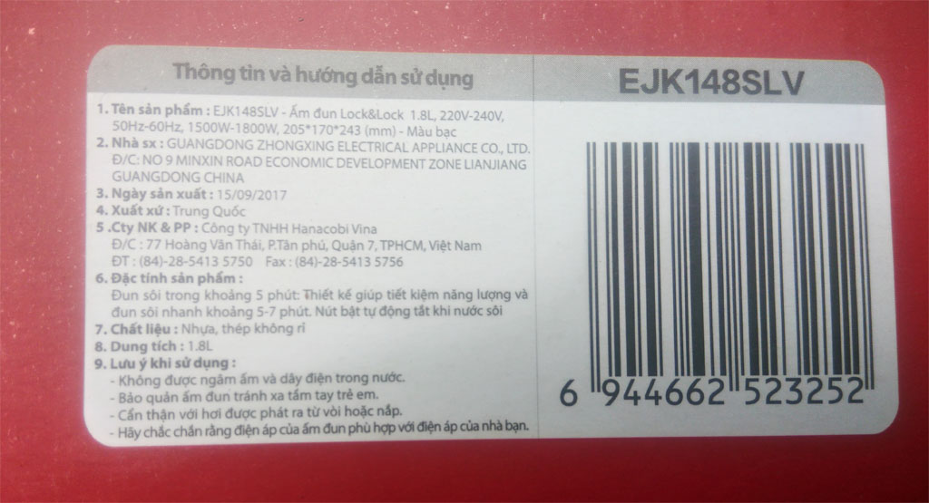 Ấm siêu tốc Inox 304 Lock&Lock EJK148SLV 1.8L hàng chính hãng