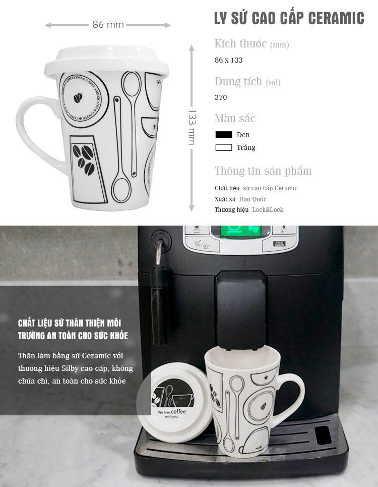 Ly sứ có nắp đậy và quai Lock&lock Merry & Funny SLB007A 370ml - Love tím