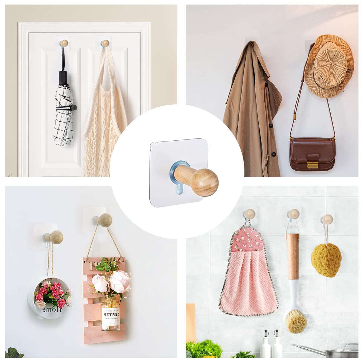 Bộ 4 Móc Gỗ Treo Đồ Dính Tường SHR-4135