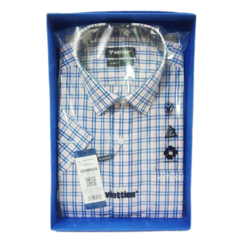 Áo sơ mi Nam SlimFit Việt Tiến Sharp J-tech ngắn tay caro xanh nâu