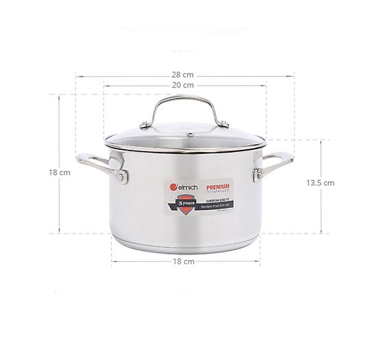 Nồi Inox 304 Elmich Premium 20cm vung kính hàng nhập khẩu chính hãng, bảo hành 5 năm