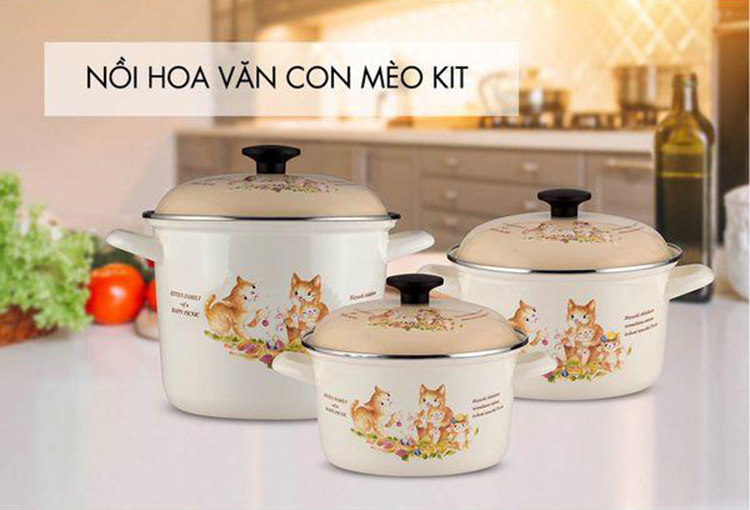 Bộ 3 Nồi Thép Nippon Tráng Men Cao Cấp Hoa Văn Con Mèo Fujihoro Nhật Bản KIT-330