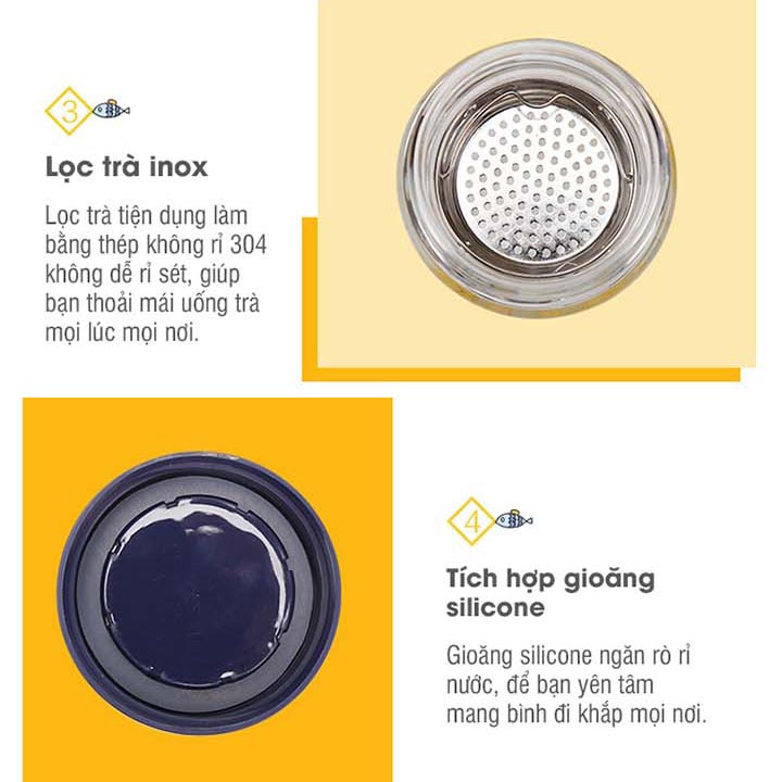 Bình lọc trà thủy tinh chịu nhiệt Lock&Lock LLG627YEL dung tích 320ml hoa tiết Tàu ngầm vàng