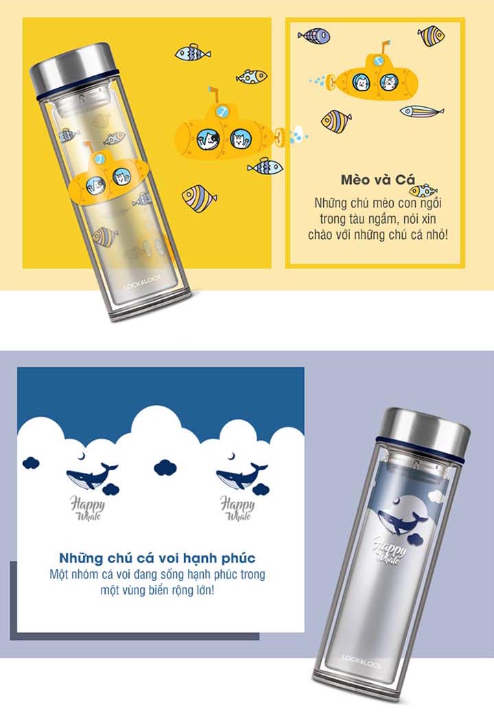 Bình lọc trà thủy tinh chịu nhiệt Lock&Lock LLG627YEL dung tích 320ml hoa tiết Tàu ngầm vàng