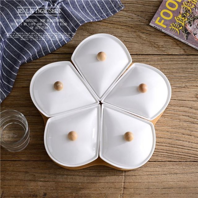 Bộ Thố Mứt Tết Hạt Dưa 6 Món Gỗ Sứ DQ0123-1