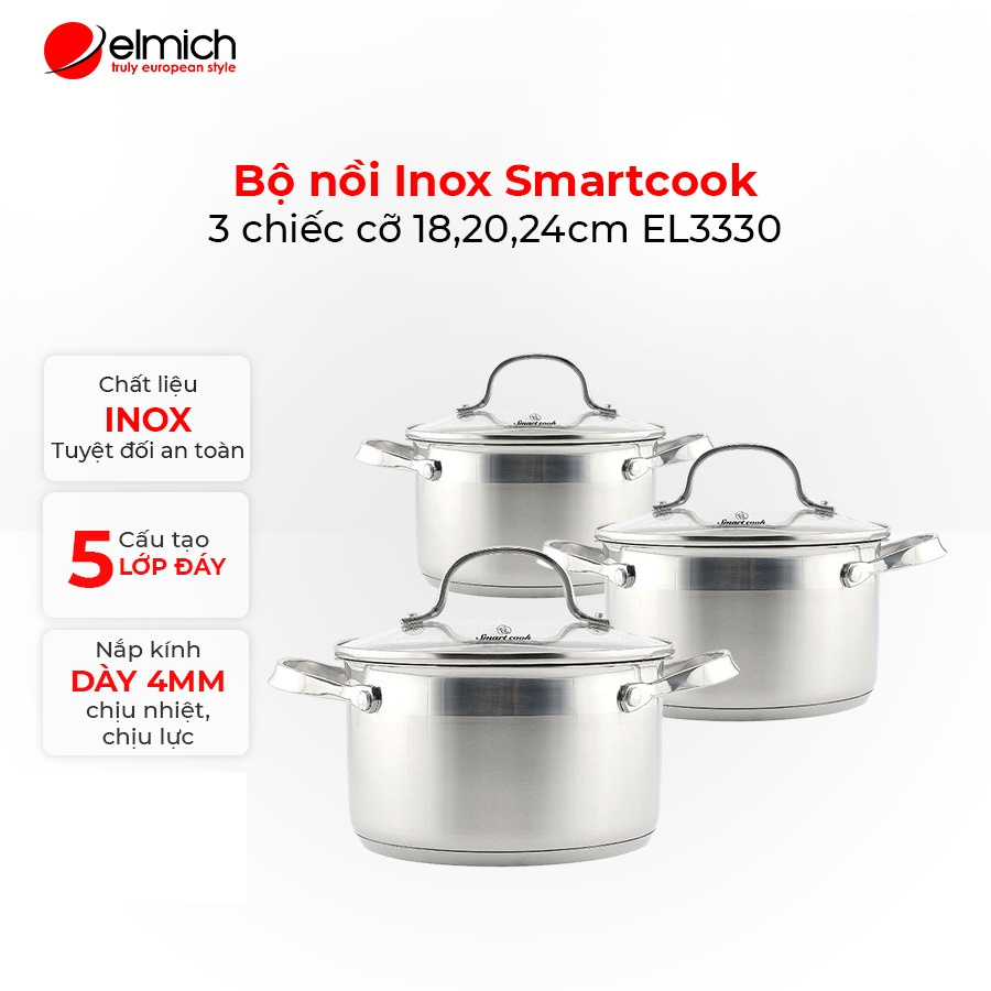 Bộ 3 nồi 18,20 và 24cm Inox 304 Elmich Smartcook SM3330 dùng bếp từ, bảo hành 24 tháng