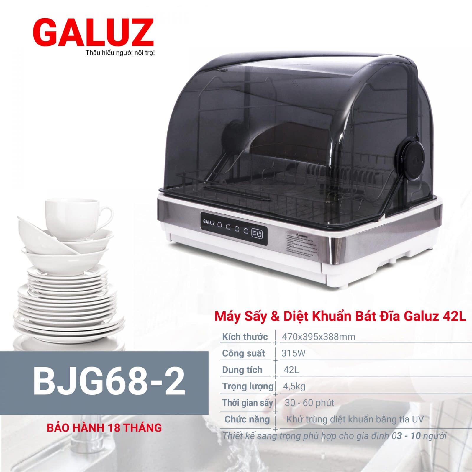 Máy sấy bát đĩa diệt khuẩn bằng tia UV thương hiệu Galuz BJG-68 chính hãng, bảo hành 18 tháng