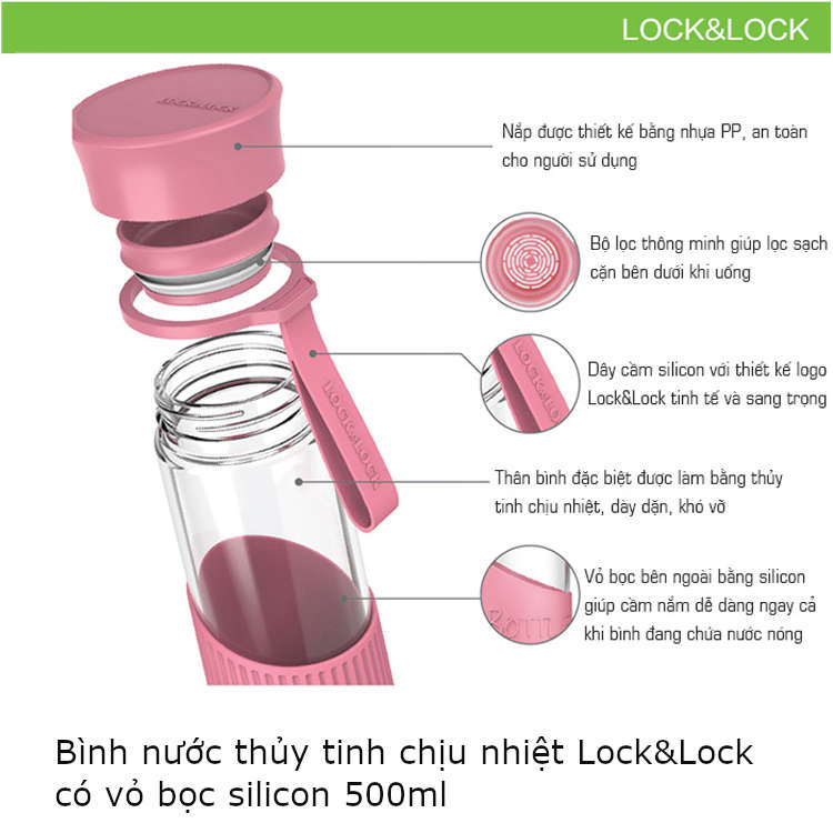 Bình Nước Thủy Tinh 500ml Chịu Nhiệt Lock&Lock LLG673BLU Màu Xanh