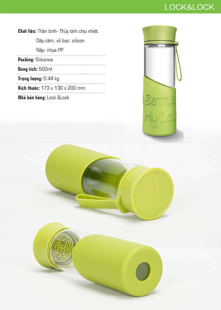 Bình Nước Thủy Tinh 500ml Chịu Nhiệt Lock&Lock LLG673BLU Màu Xanh